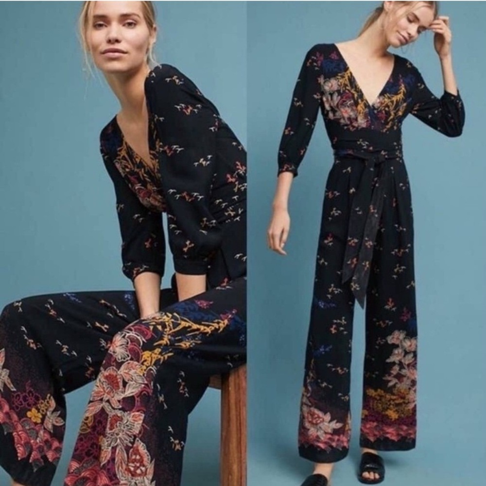 Anthropologie Feather Bone Nara Black Floral Bird Chinoiserie Wide Leg Jumpsuit